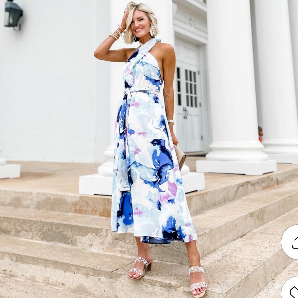 NWT Banana Republic Blue, White and Purple Watercolor Halter Midi Dress